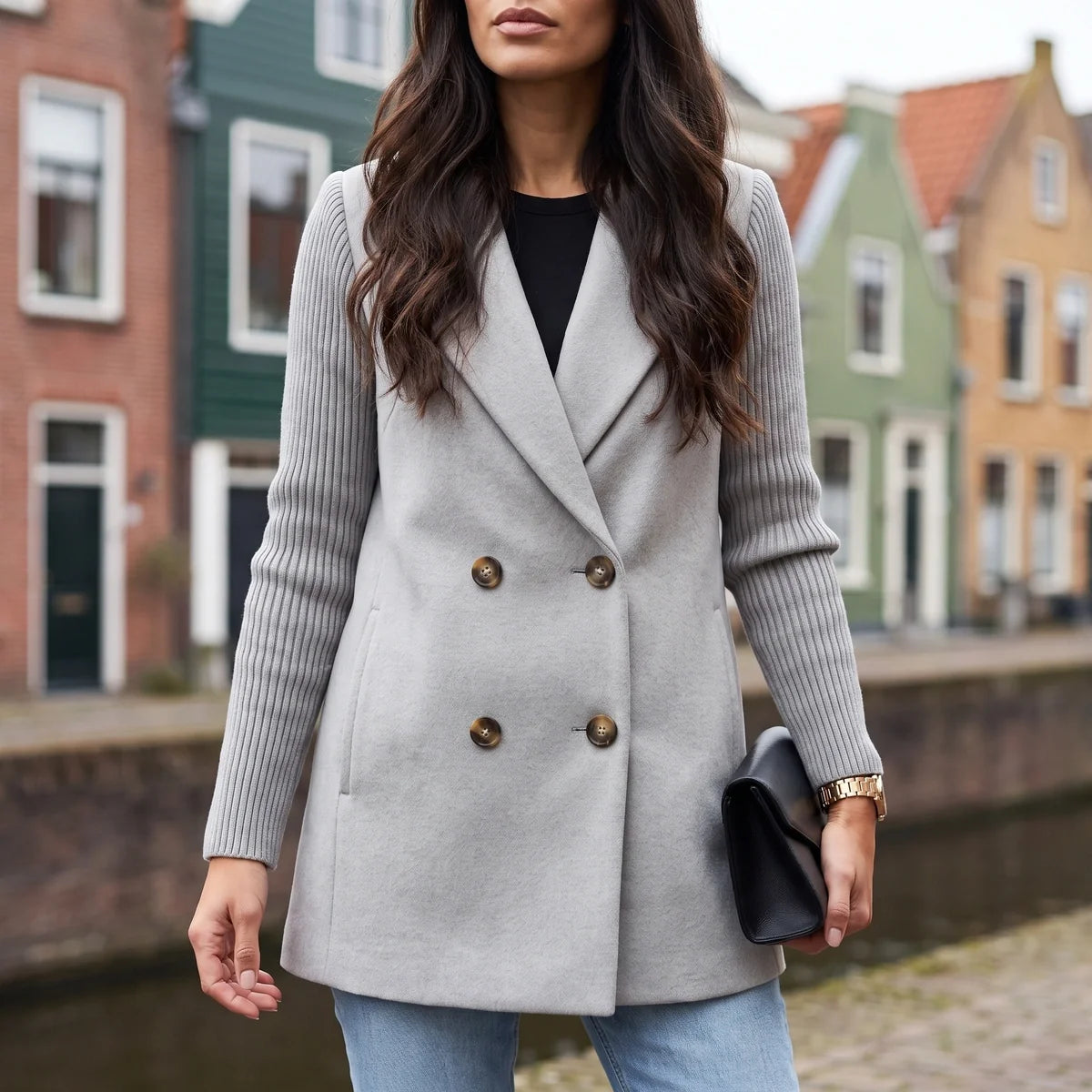 Georgia Knit Sleeve Double Breasted Blazer