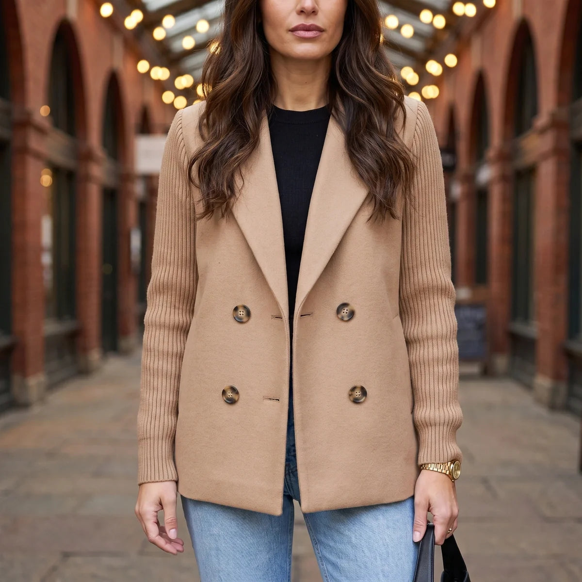 Georgia Knit Sleeve Double Breasted Blazer