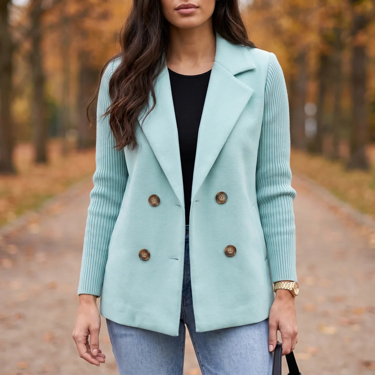 Georgia Knit Sleeve Double Breasted Blazer