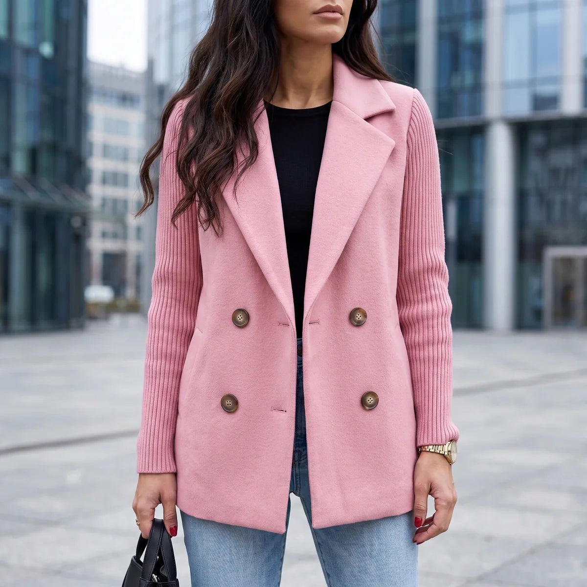 Georgia Knit Sleeve Double Breasted Blazer