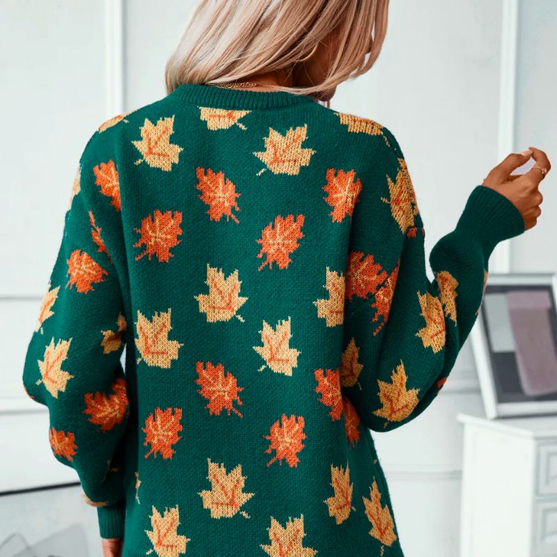 Georgia | Women's Ribbed Knit Crew Neck Leaf Print Sweater with Long Sleeves