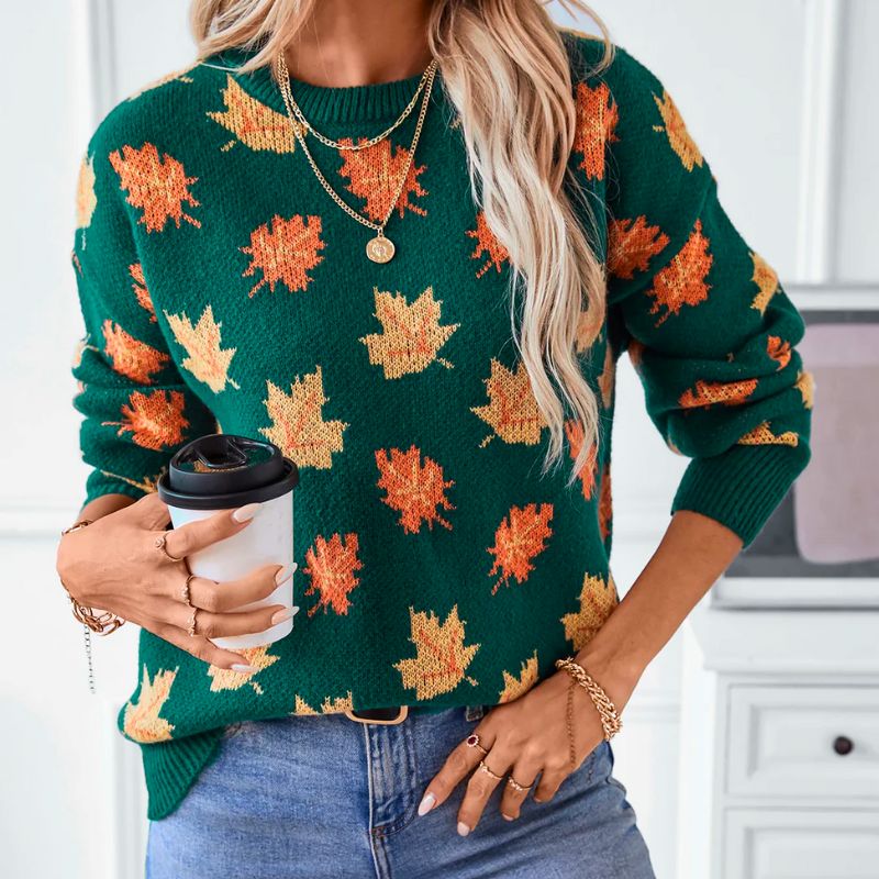 Georgia | Women's Ribbed Knit Crew Neck Leaf Print Sweater with Long Sleeves