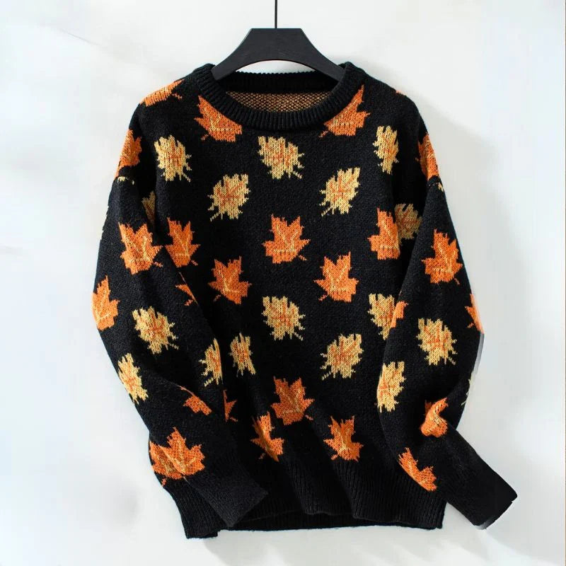Georgia | Women's Ribbed Knit Crew Neck Leaf Print Sweater with Long Sleeves