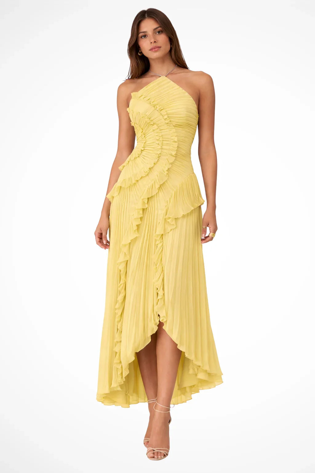 Georgina | Women's Halter Neck Ruffled Pleated Maxi Dress with Asymmetric Hem