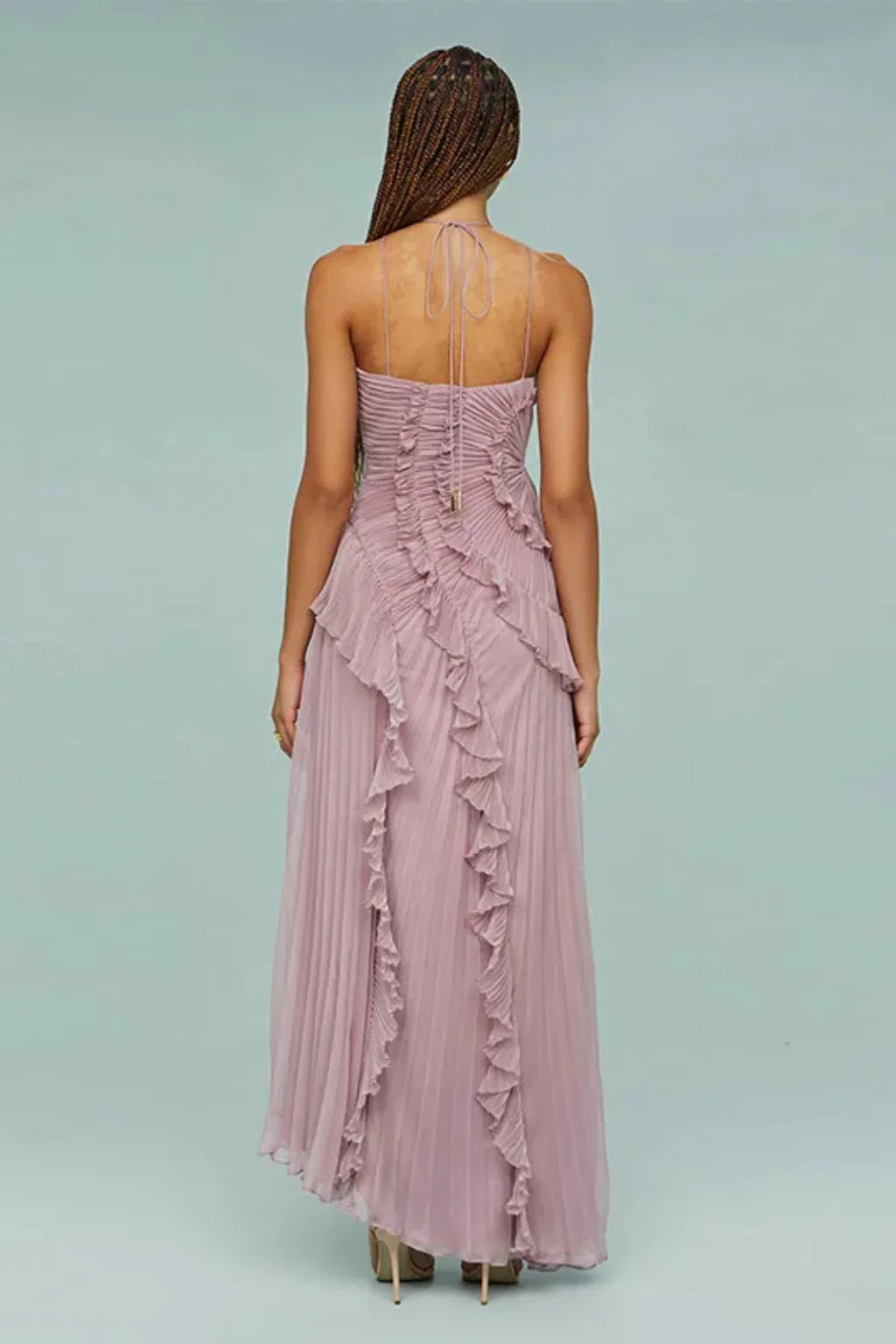 Georgina | Women's Halter Neck Ruffled Pleated Maxi Dress with Asymmetric Hem
