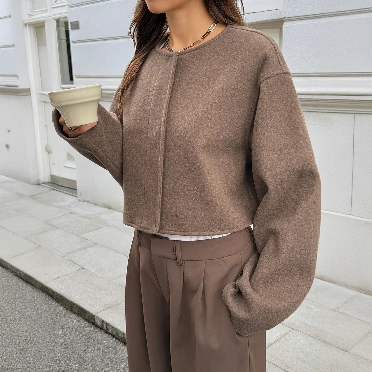 Georgina | Wool Blend Pea Coat with Long Sleeves and Button Front