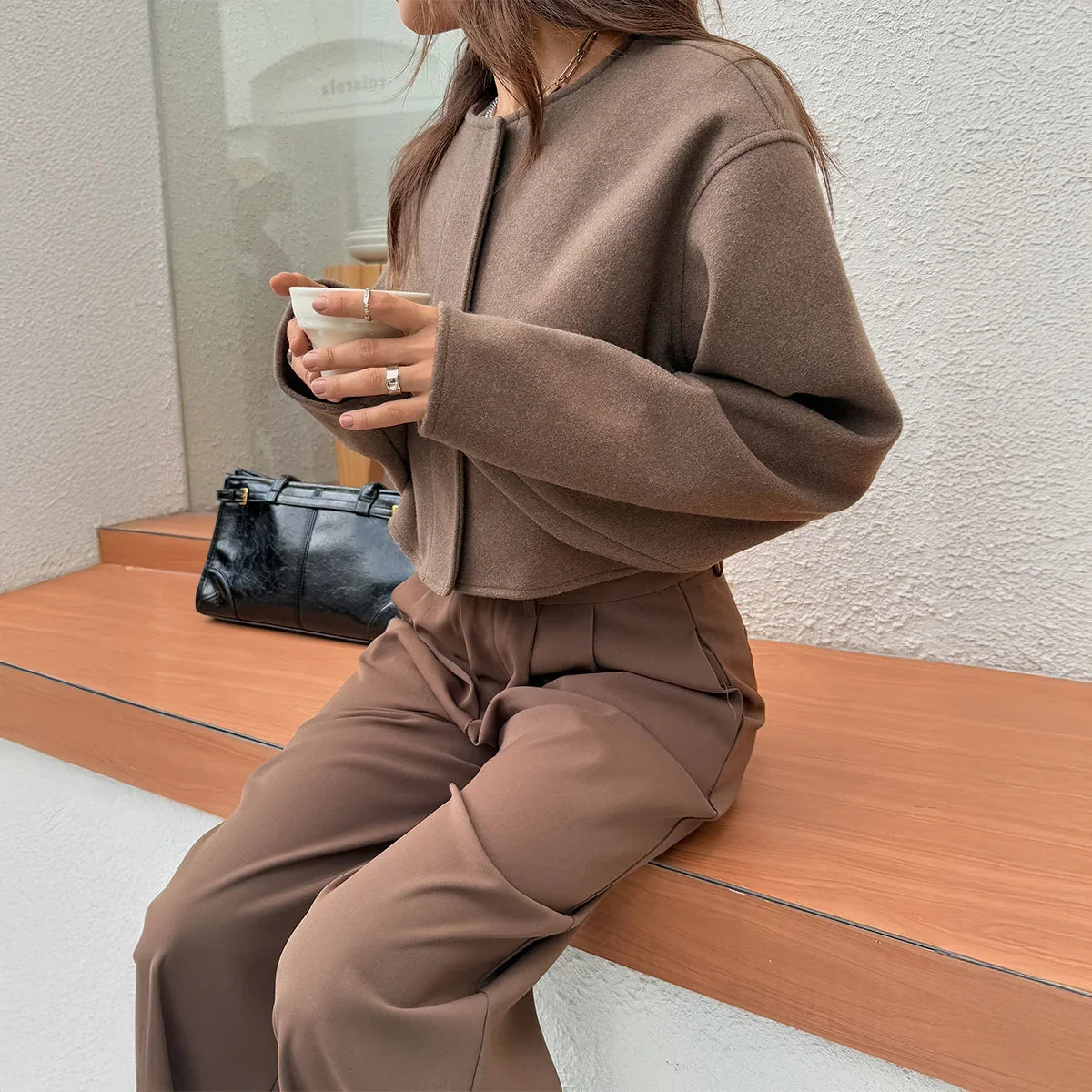 Georgina | Wool Blend Pea Coat with Long Sleeves and Button Front