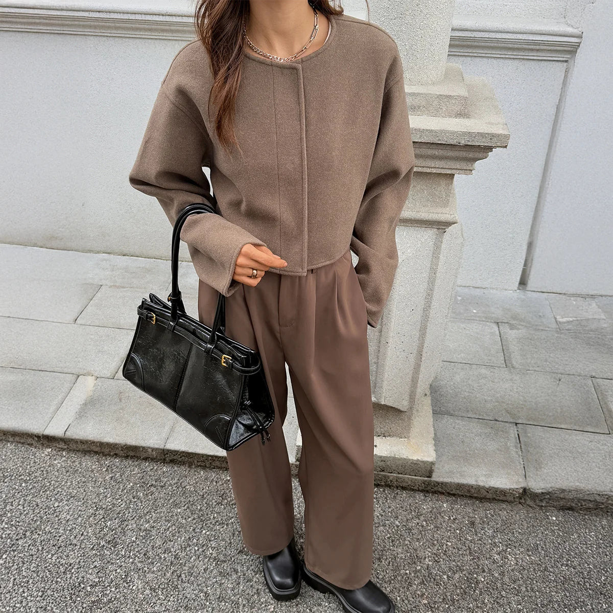 Georgina | Wool Blend Pea Coat with Long Sleeves and Button Front