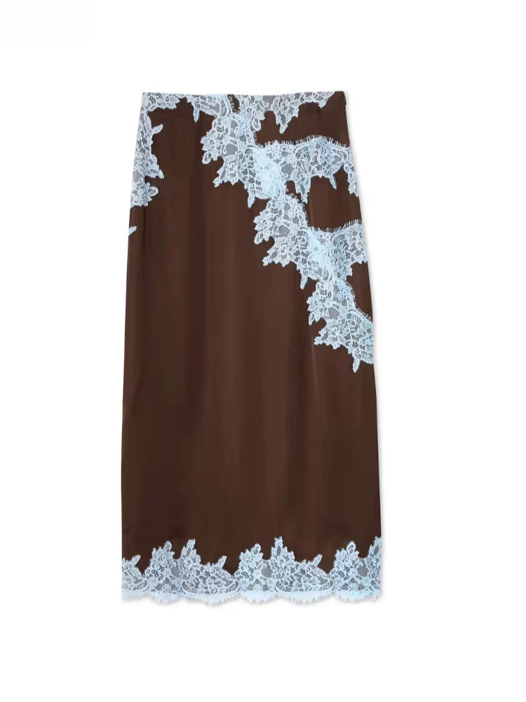 Gladys | Women's Lace Panel Midi Skirt with Zip Closure