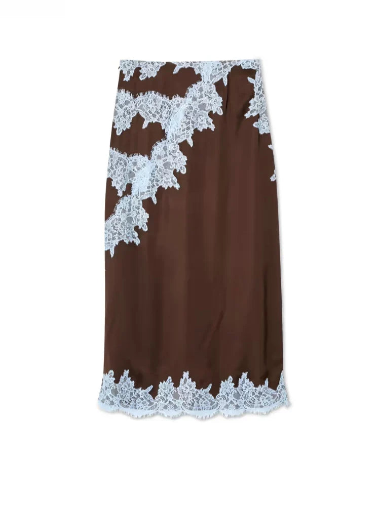 Gladys | Women's Lace Panel Midi Skirt with Zip Closure