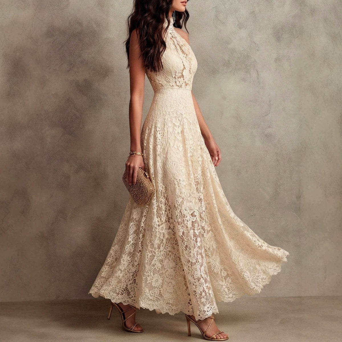 Goldie - Women's Floral Lace Halter Formal Evening Dress