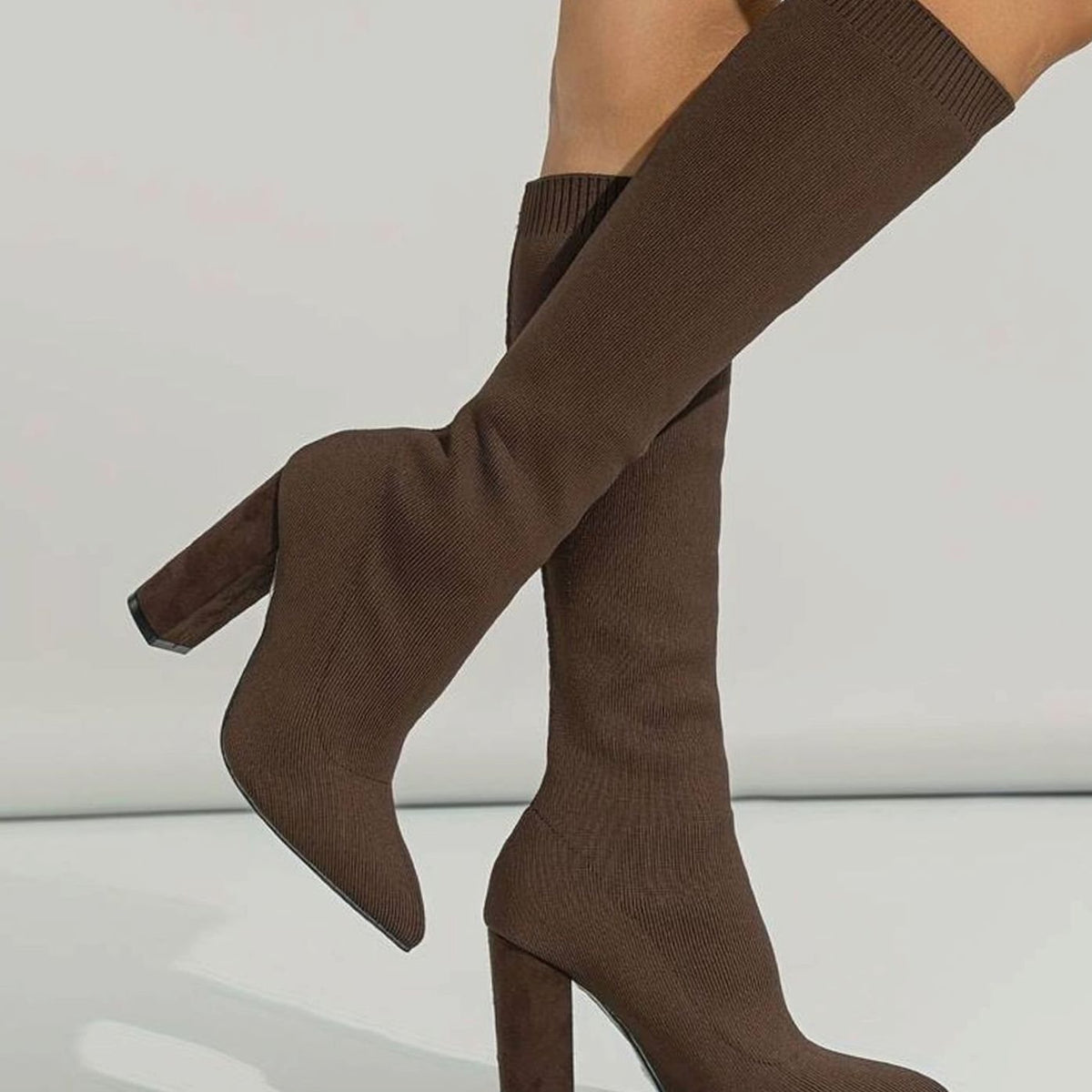 Grace | Women's Knitted Knee-High Sock Boots Block Heel Pointed Toe