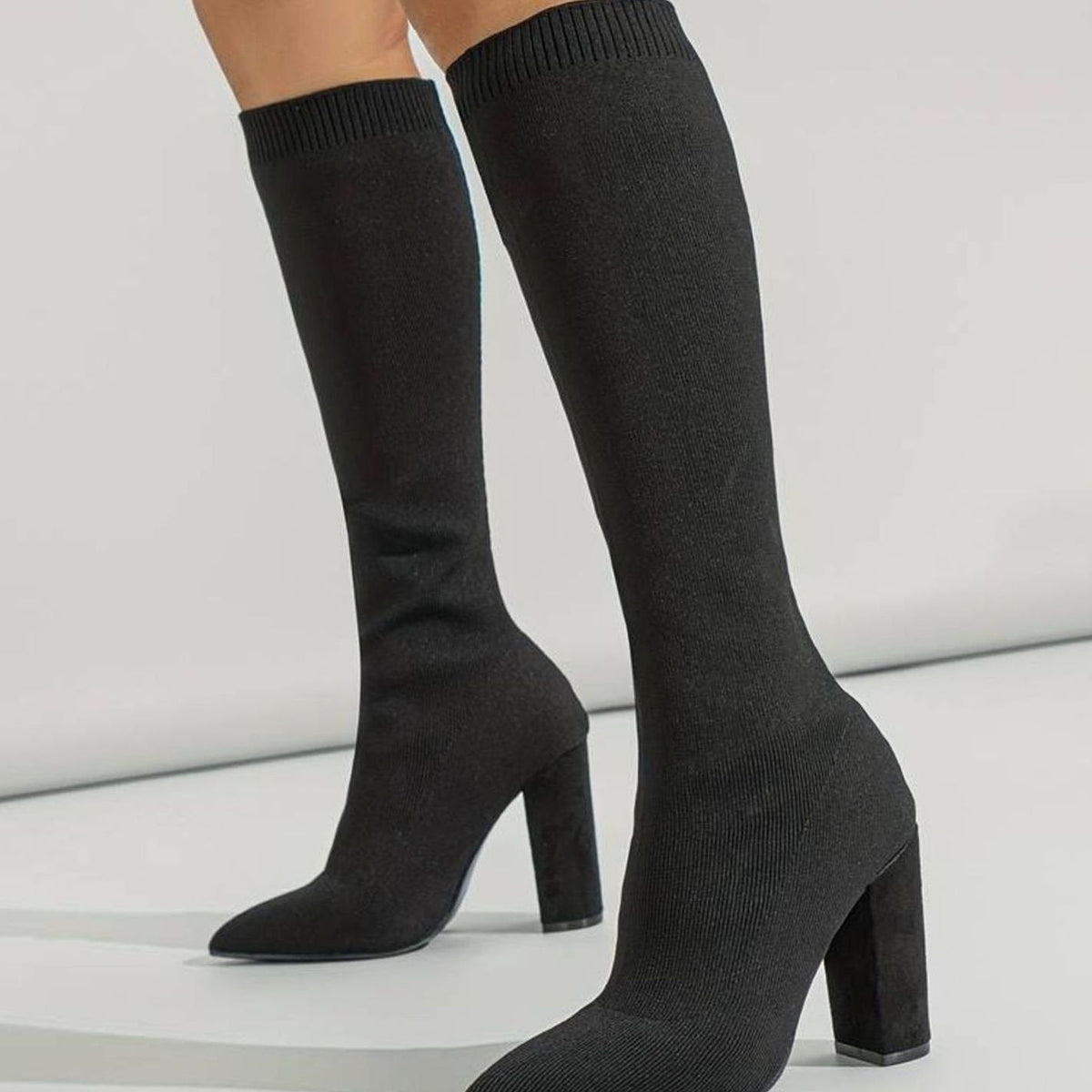 Grace | Women's Knitted Knee-High Sock Boots Block Heel Pointed Toe