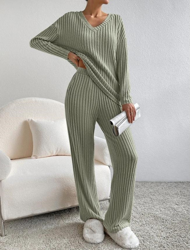 Women's Ribbed V-Neck Pullover Trouser Set, Long Sleeves