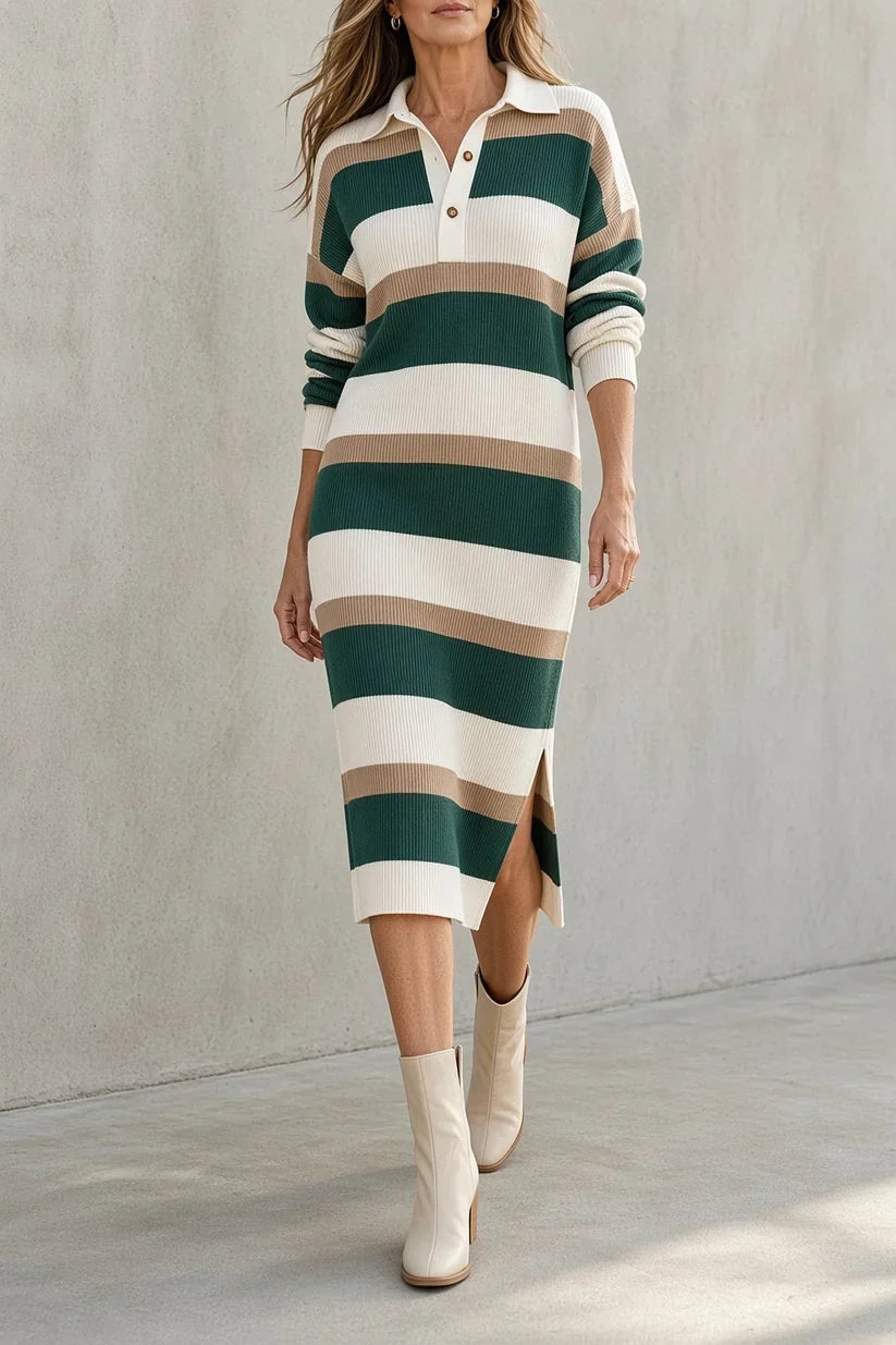 TARA | STRIPED COLLARED KNIT MIDI DRESS