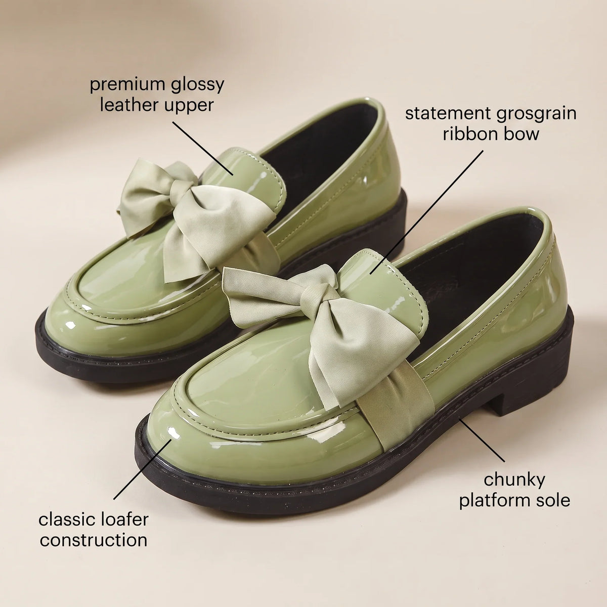 Gwendoline | Slip On Bow Loafer Platform Shoes with Chunky Heel