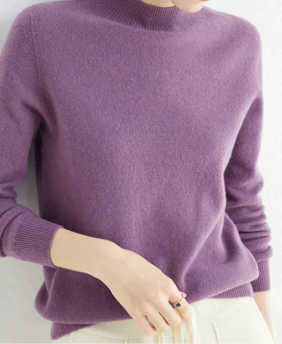 Gwendoline | Women's Ribbed Mock Neck Cashmere Knit Sweater with Ribbed Cuffs