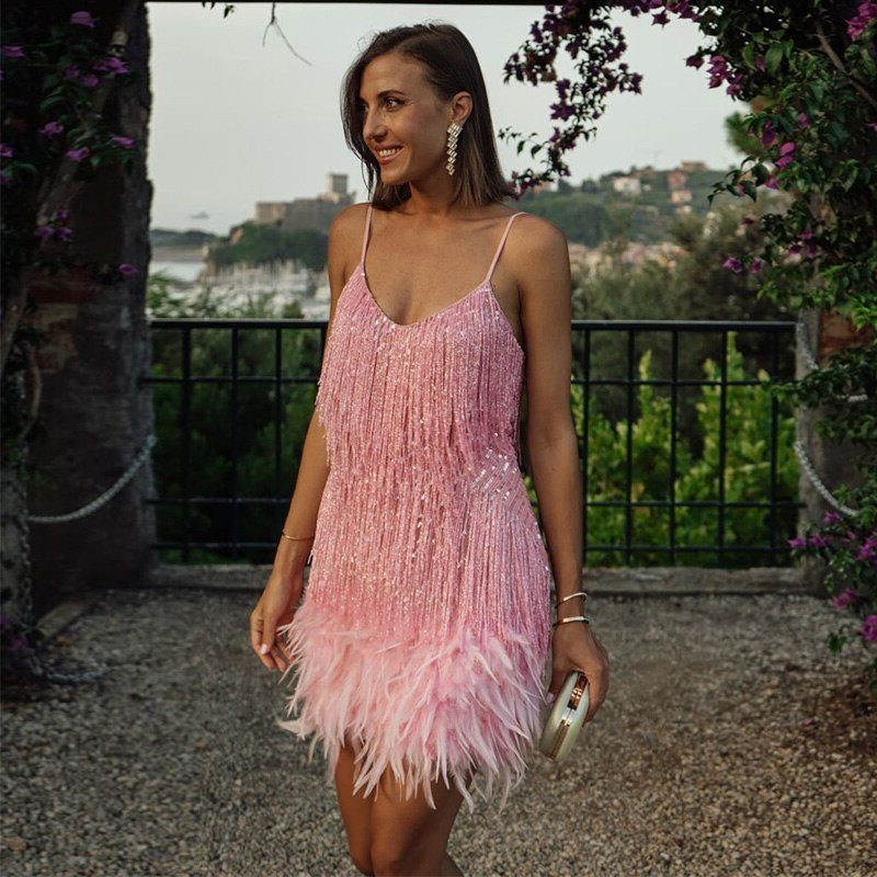 Gwenllian | Sequin Cocktail Mini Dress with Feather Hem for Women