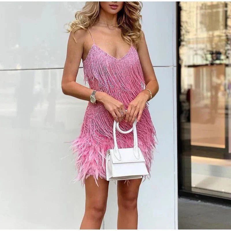Gwenllian | Sequin Cocktail Mini Dress with Feather Hem for Women