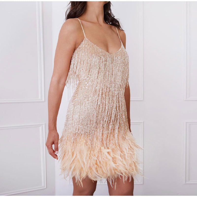 Gwenllian | Sequin Cocktail Mini Dress with Feather Hem for Women