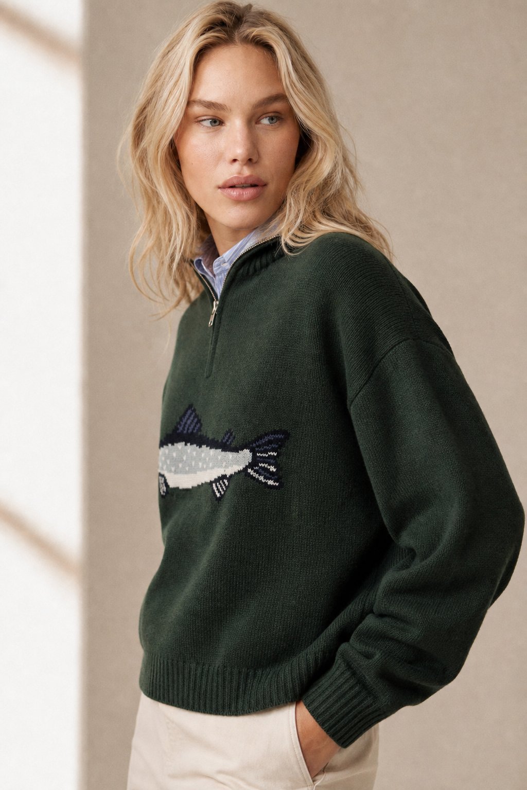 Hadley | Womens Half-Zip Knit Sweater with Fish Pattern | Wool-Blend, Ribbed Cuffs | Forest Green, Black and More XS-XL