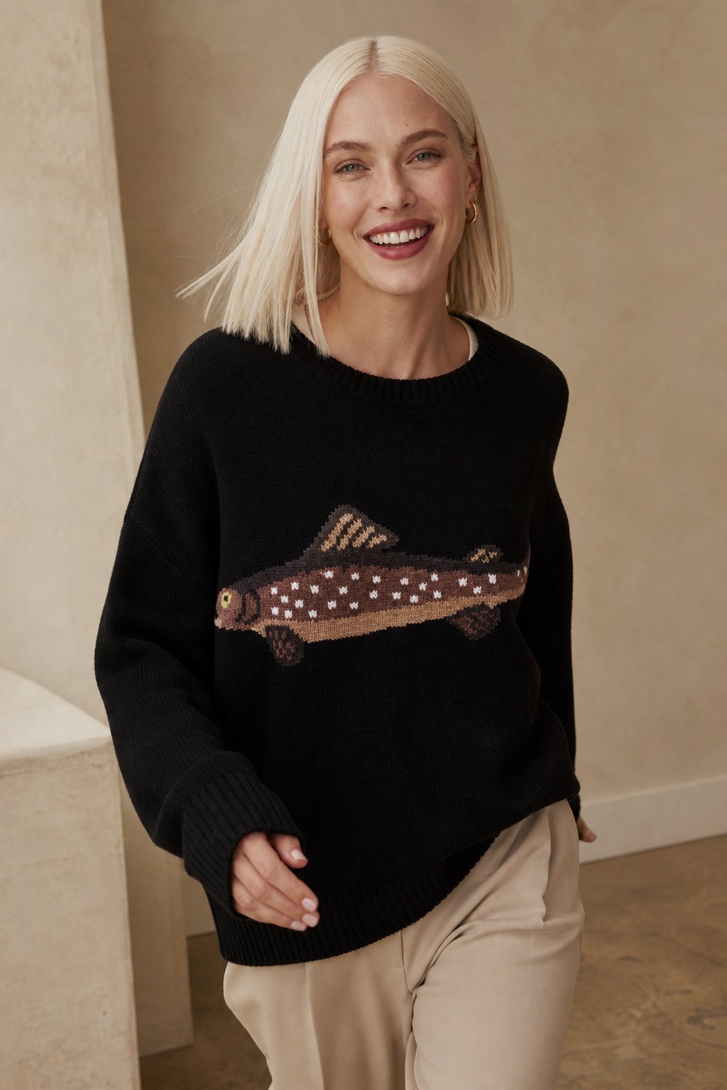 Hadley | Womens Half-Zip Knit Sweater with Fish Pattern | Wool-Blend, Ribbed Cuffs | Forest Green, Black and More XS-XL