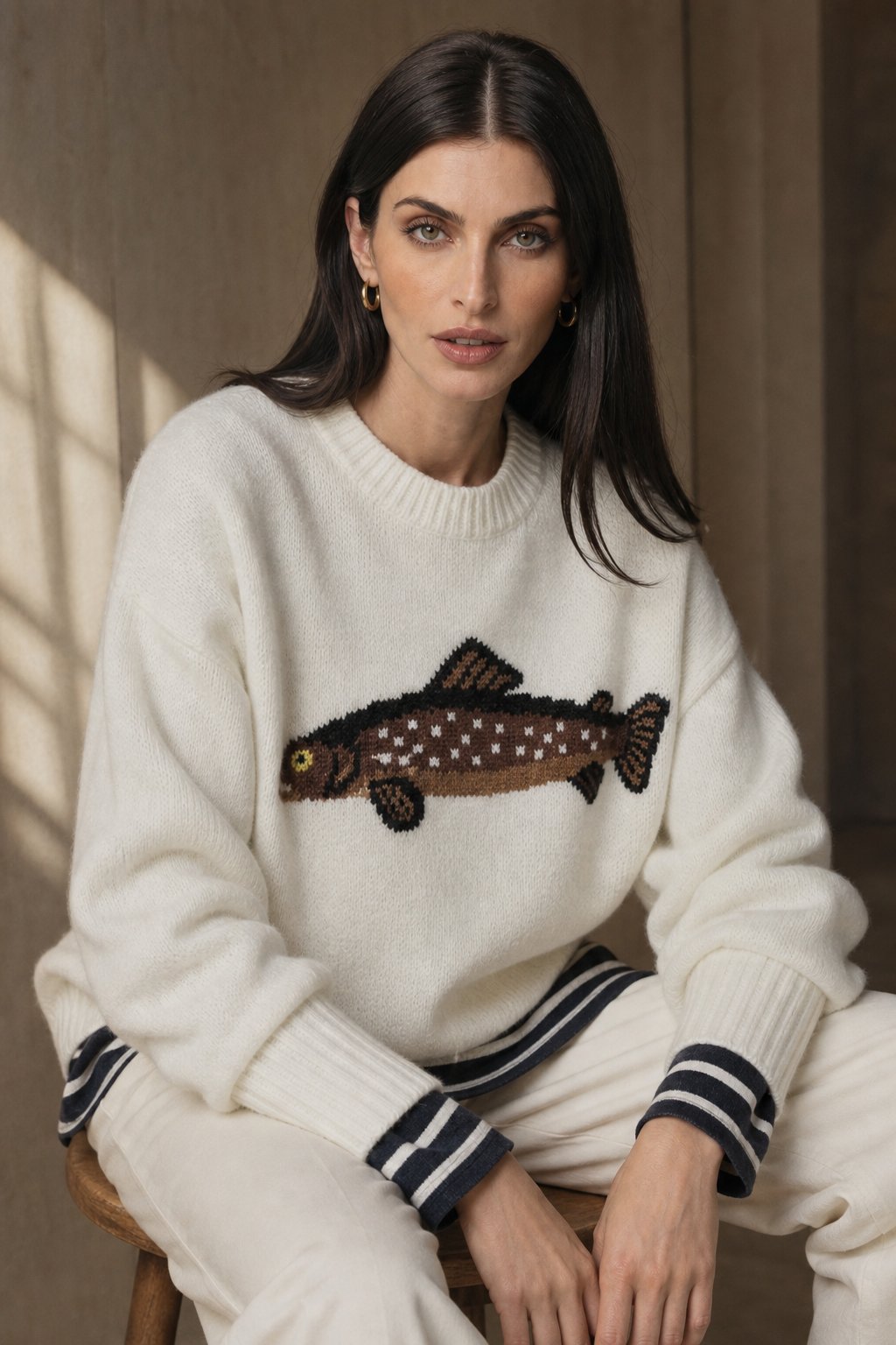 Hadley | Womens Half-Zip Knit Sweater with Fish Pattern | Wool-Blend, Ribbed Cuffs | Forest Green, Black and More XS-XL
