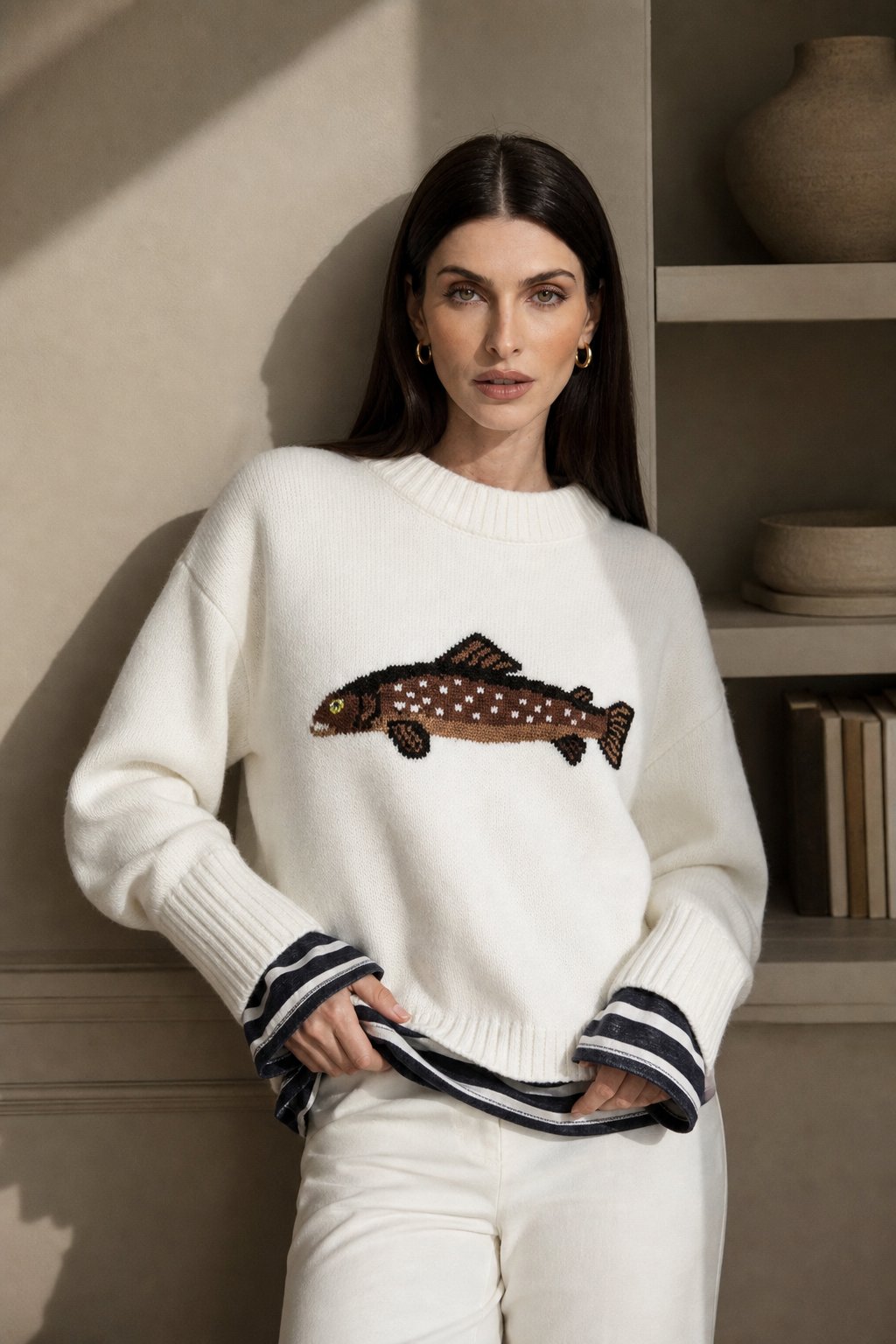 Hadley | Womens Half-Zip Knit Sweater with Fish Pattern | Wool-Blend, Ribbed Cuffs | Forest Green, Black and More XS-XL