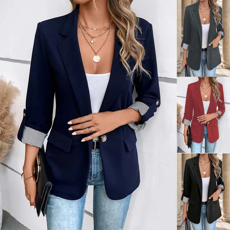 Women's Open-Front Notch Lapel Blazer, Striped Cuffs