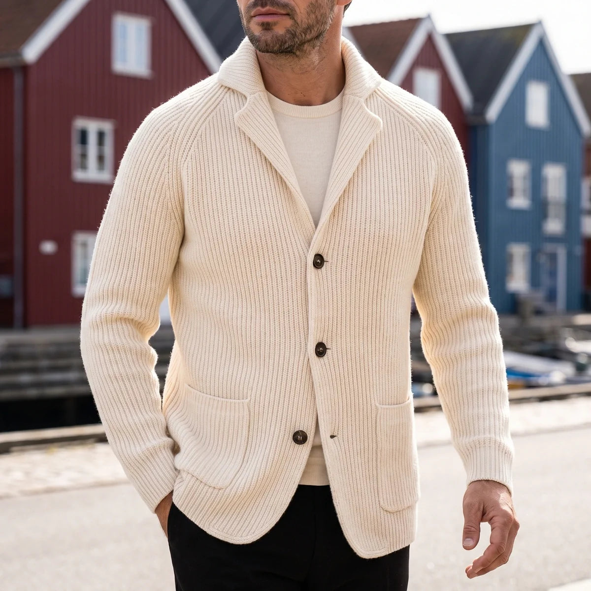Hamish Ribbed Shawl Collar Wool Cardigan
