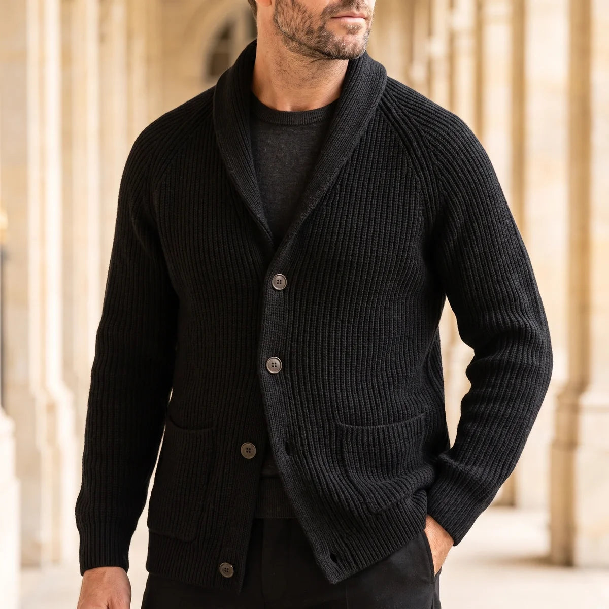 Hamish Ribbed Shawl Collar Wool Cardigan