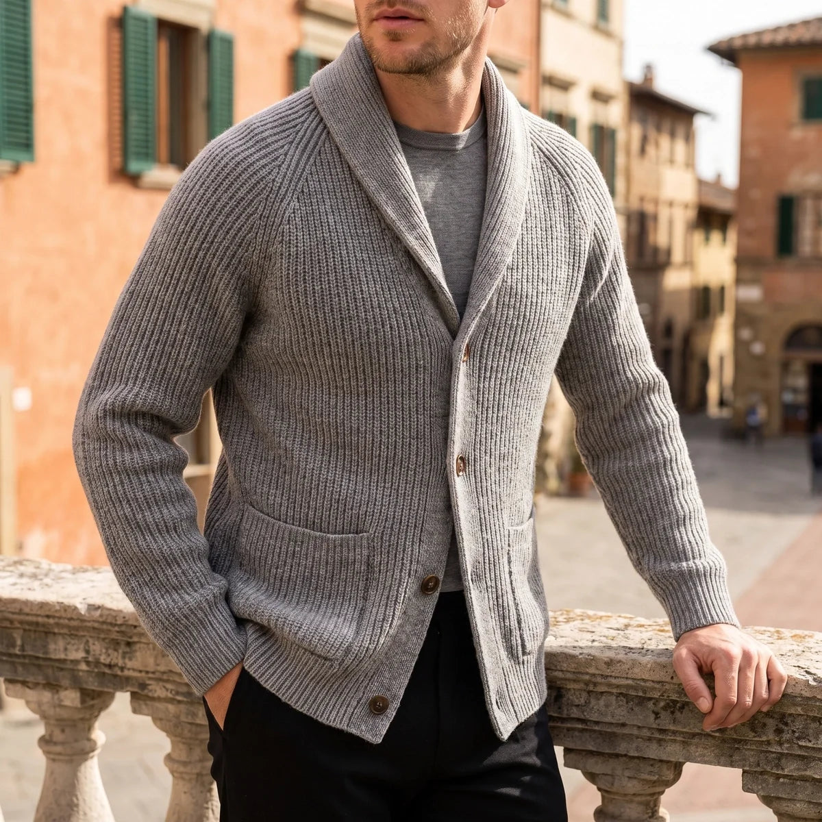 Hamish Ribbed Shawl Collar Wool Cardigan