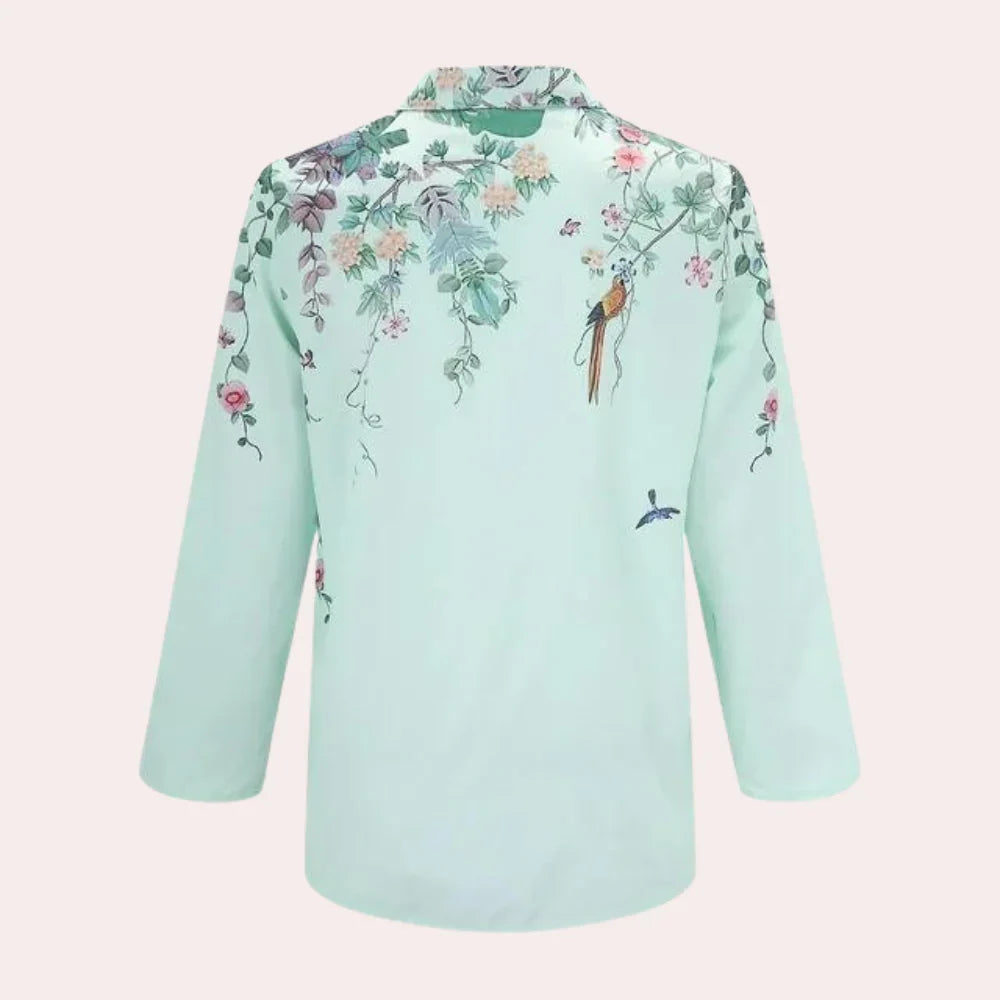 Hannah | Women's Floral Bird Print Button Up Shirt Blouse with Collared Neckline