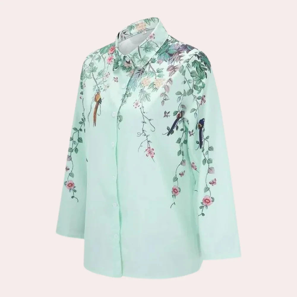 Hannah | Women's Floral Bird Print Button Up Shirt Blouse with Collared Neckline