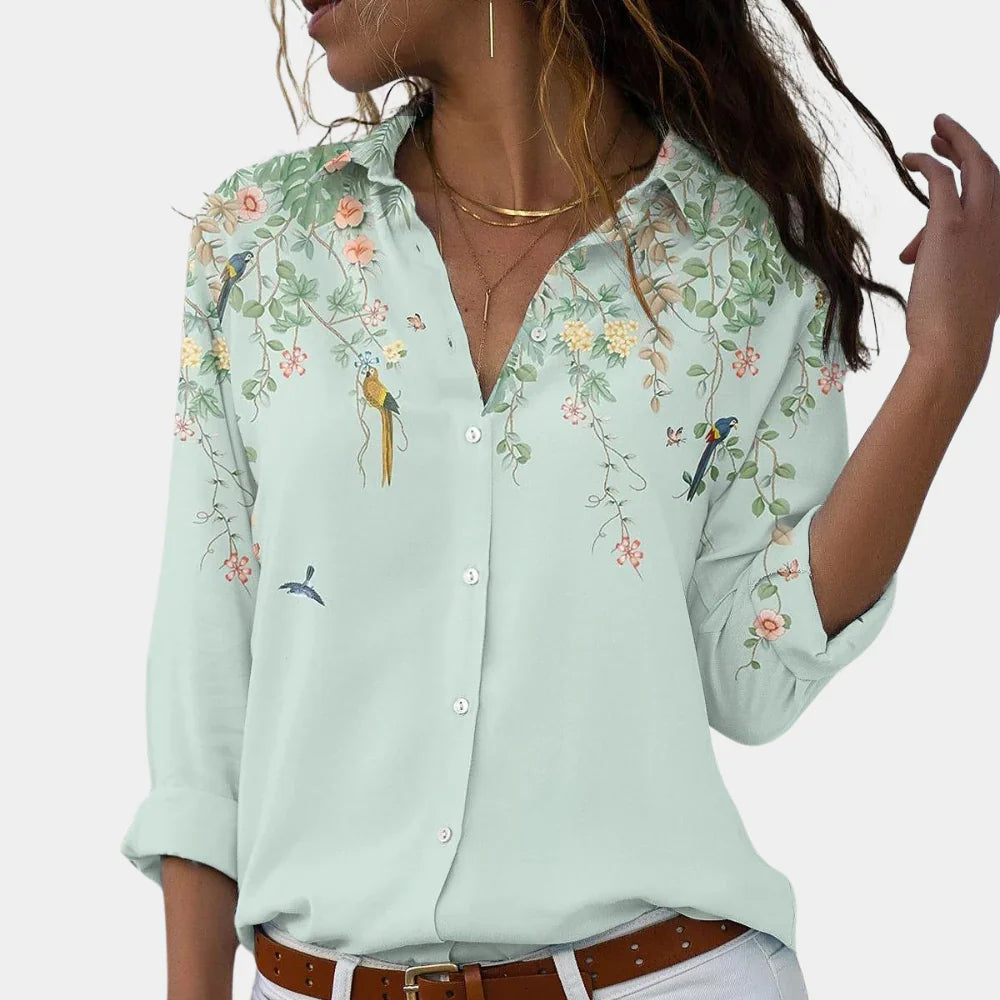 Hannah | Women's Floral Bird Print Button Up Shirt Blouse with Collared Neckline