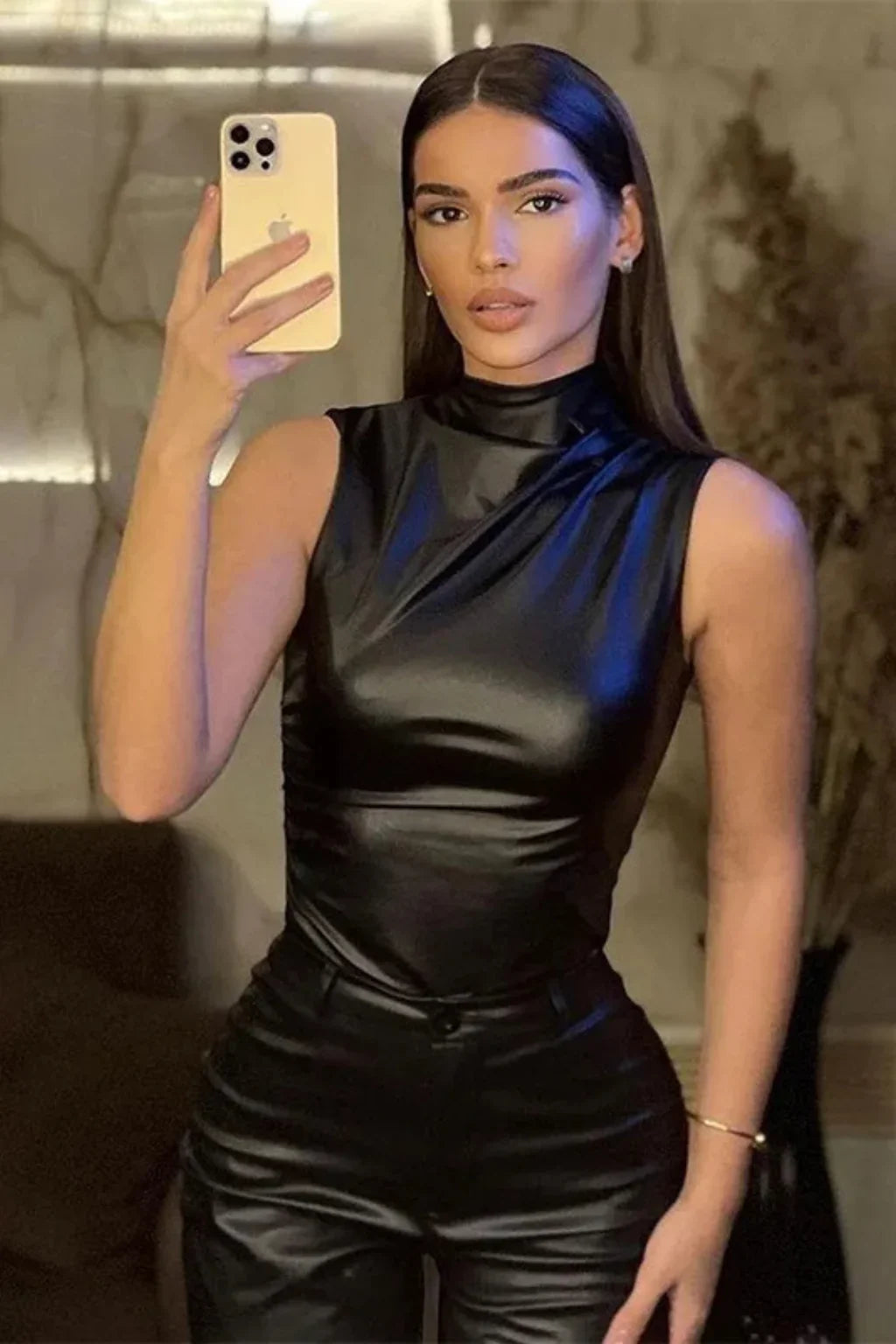 Hannah | Women's High Neck Sleeveless Leather Top with Gathering