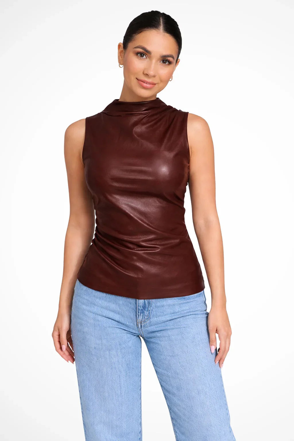Hannah | Women's High Neck Sleeveless Leather Top with Gathering