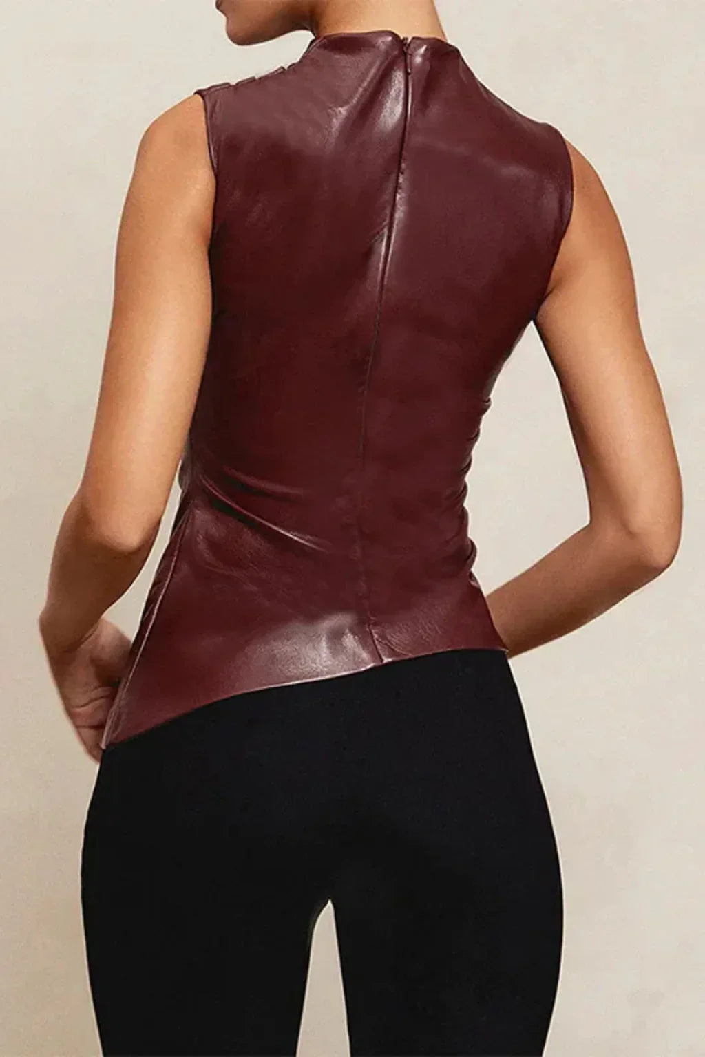Hannah | Women's High Neck Sleeveless Leather Top with Gathering