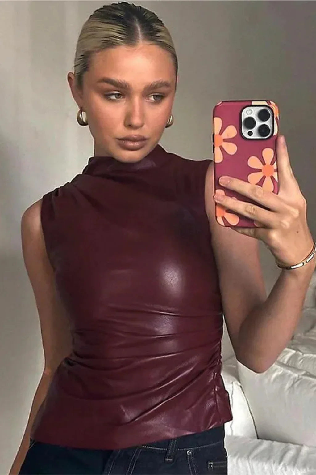 Hannah | Women's High Neck Sleeveless Leather Top with Gathering