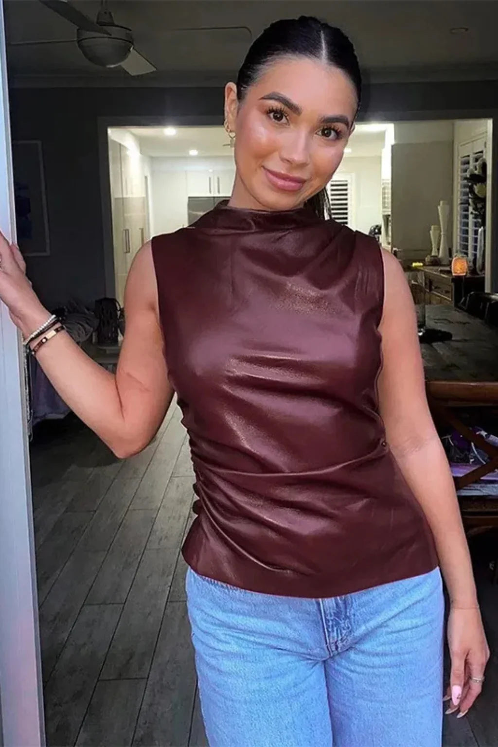 Hannah | Women's High Neck Sleeveless Leather Top with Gathering