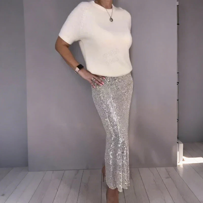 Hannah | Women's Sequin Two Piece Set with Short Sleeve Knit Top