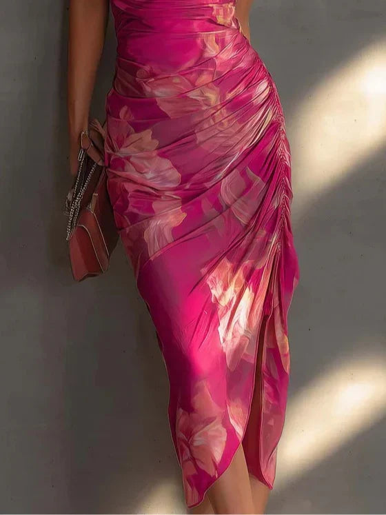 Hayley | Halter Neck Floral Wedding Guest Bodycon Midi Dress with Side Split