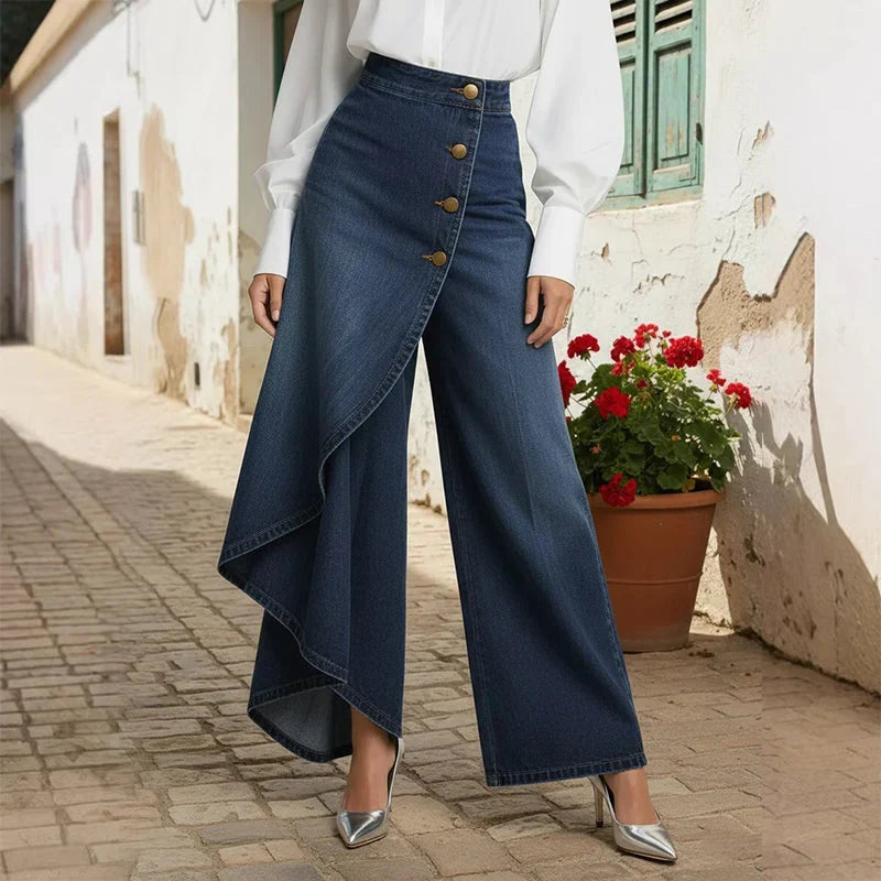 Hayley | Women's Baggy Asymmetrical Wrap Wide Leg Denim Pants with Button Closure