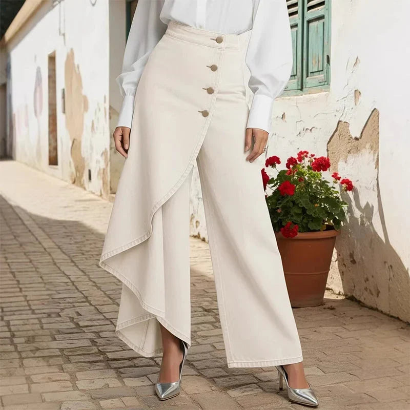 Hayley | Women's Baggy Asymmetrical Wrap Wide Leg Denim Pants with Button Closure