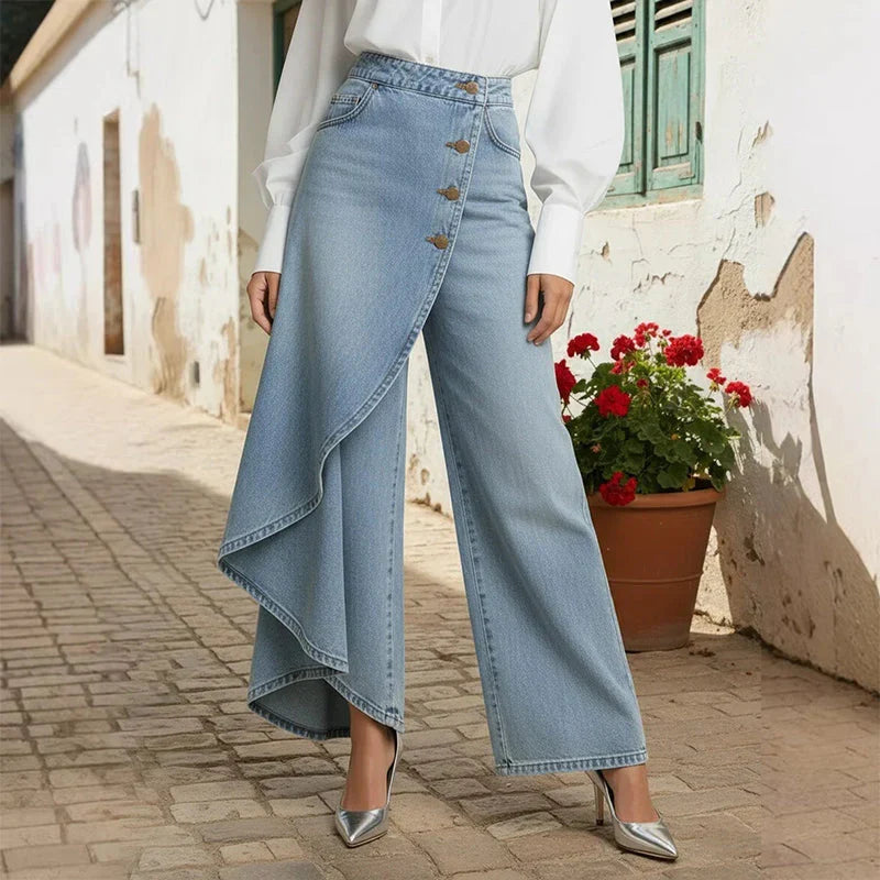 Hayley | Women's Baggy Asymmetrical Wrap Wide Leg Denim Pants with Button Closure