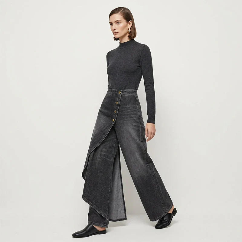 Hayley | Women's Baggy Asymmetrical Wrap Wide Leg Denim Pants with Button Closure