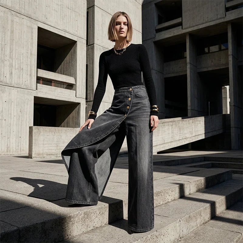 Hayley | Women's Baggy Asymmetrical Wrap Wide Leg Denim Pants with Button Closure