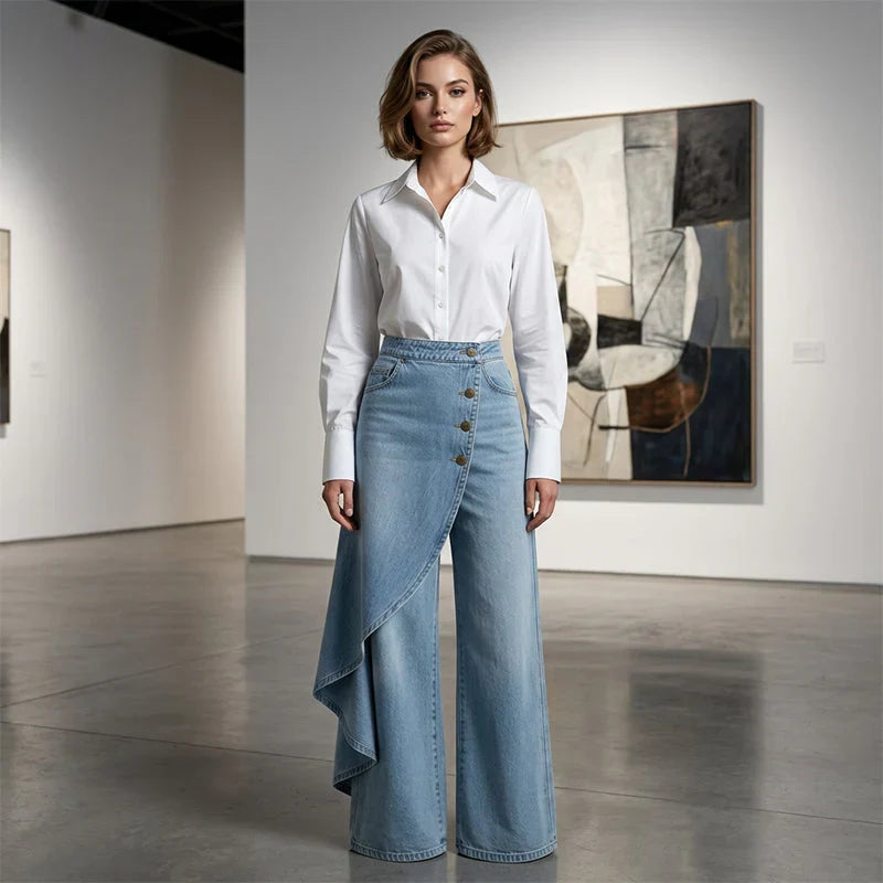 Hayley | Women's Baggy Asymmetrical Wrap Wide Leg Denim Pants with Button Closure