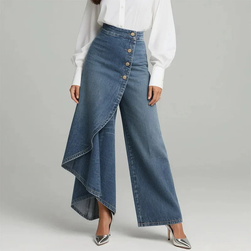 Hayley | Women's Baggy Asymmetrical Wrap Wide Leg Denim Pants with Button Closure