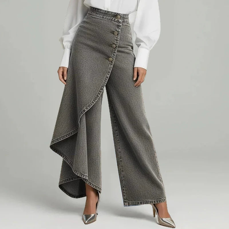 Hayley | Women's Baggy Asymmetrical Wrap Wide Leg Denim Pants with Button Closure